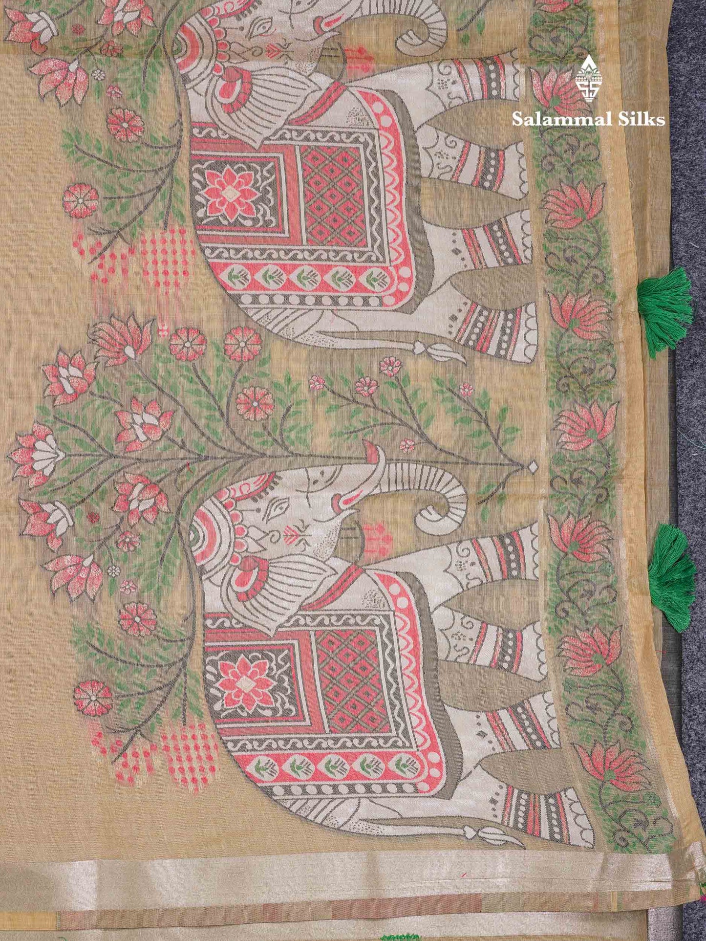 Beautiful Sapphire Green Thread Work Butta Muga Cotton Saree With Contrast Peacock Blue Blouse