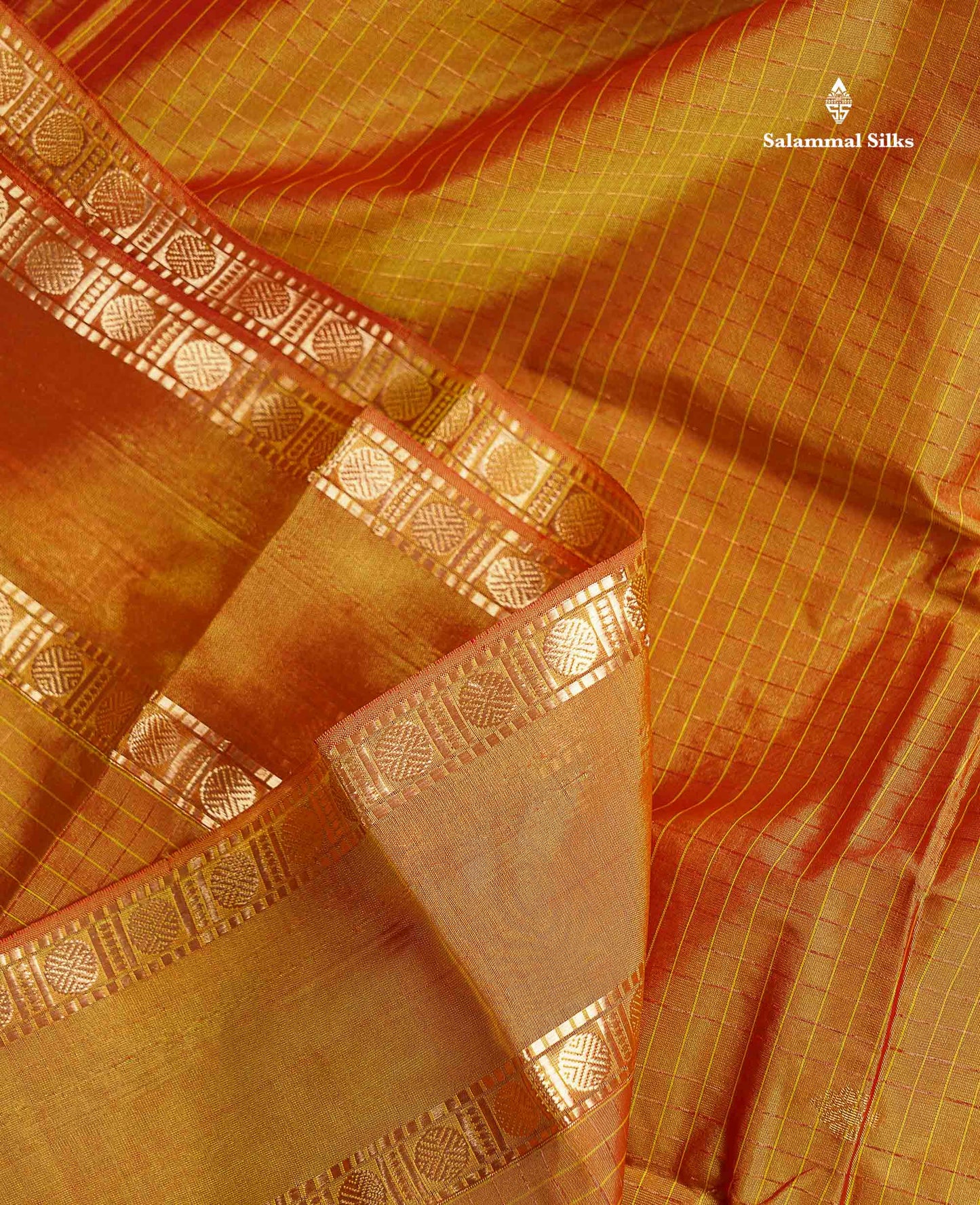 Semi Silk Saree - Orange Colour Body Zari Checks With Butta & Traditional Rettapet Border