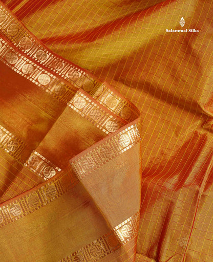 Semi Silk Saree - Orange Colour Body Zari Checks With Butta & Traditional Rettapet Border
