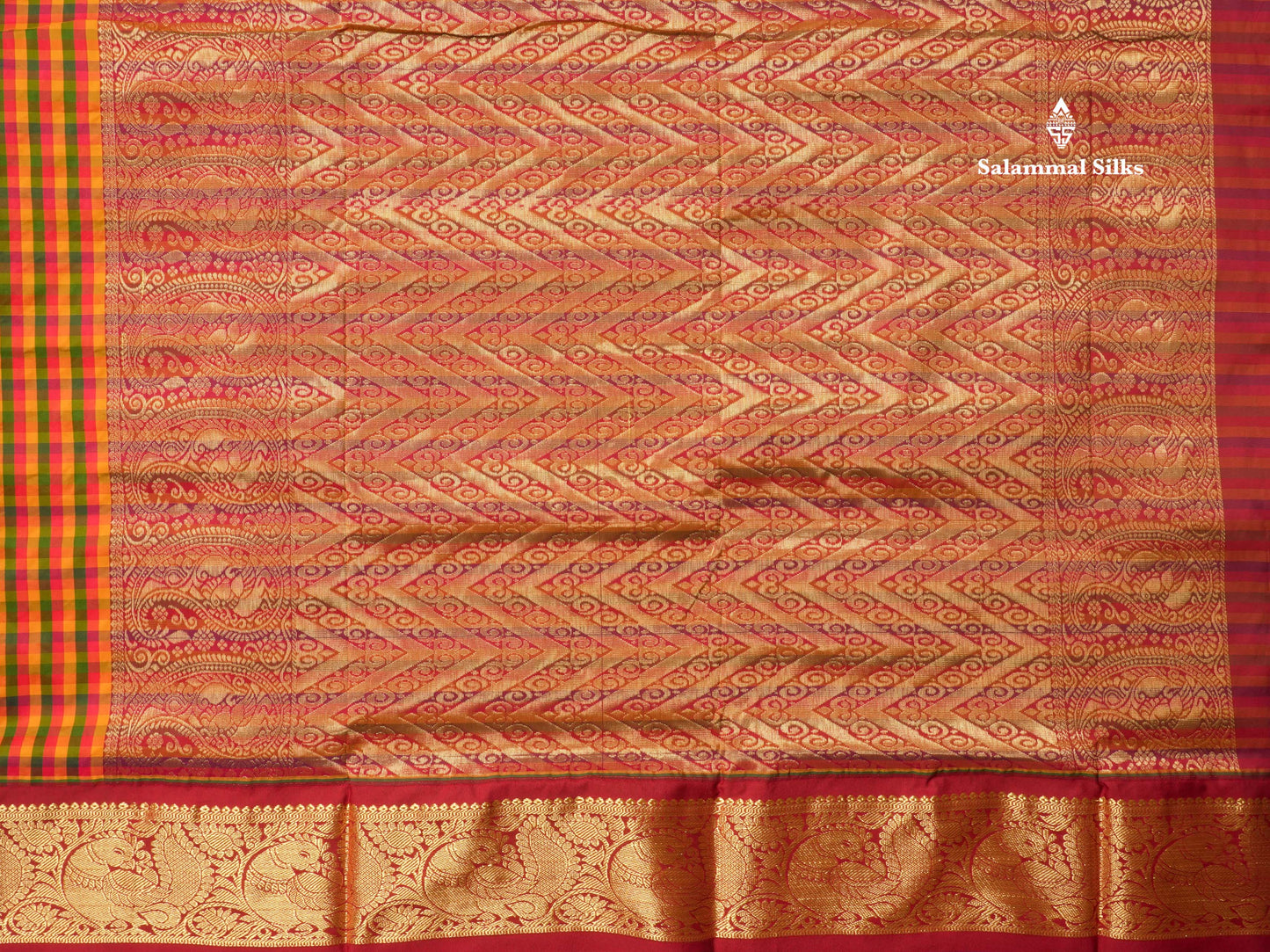 9.5 Yards Semi Silk Saree Multicolour Checks with Contrast Maroon Border