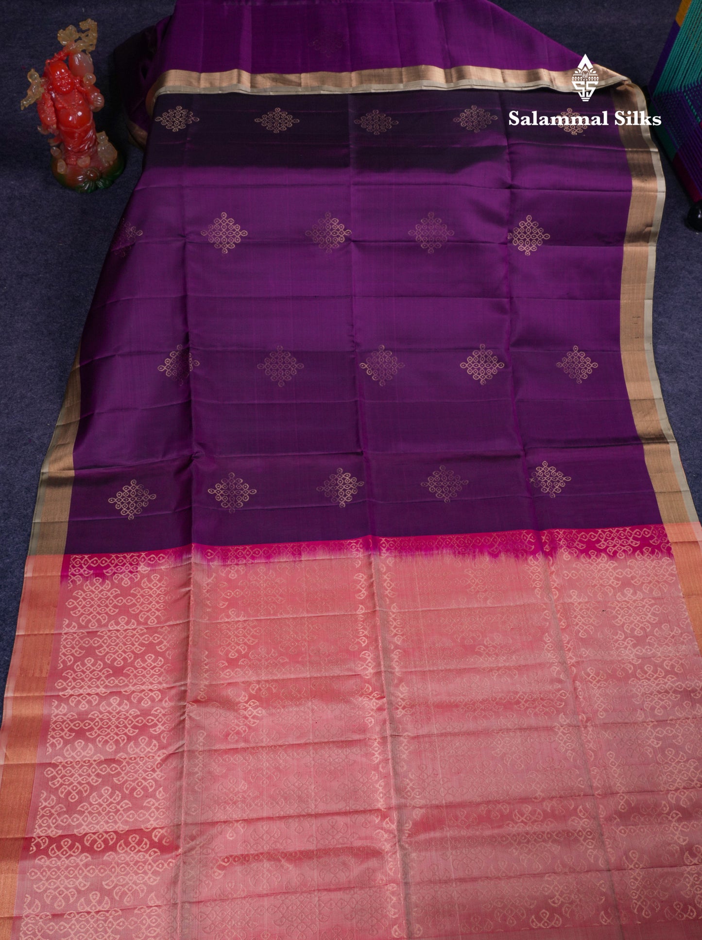 Beautiful Dark Purple Pure Kanjivaram Soft Silk Saree With Contrast Dark Peach Blouse
