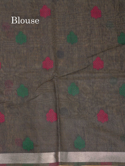 Beautiful Sapphire Green Thread Work Butta Muga Cotton Saree With Contrast Peacock Blue Blouse