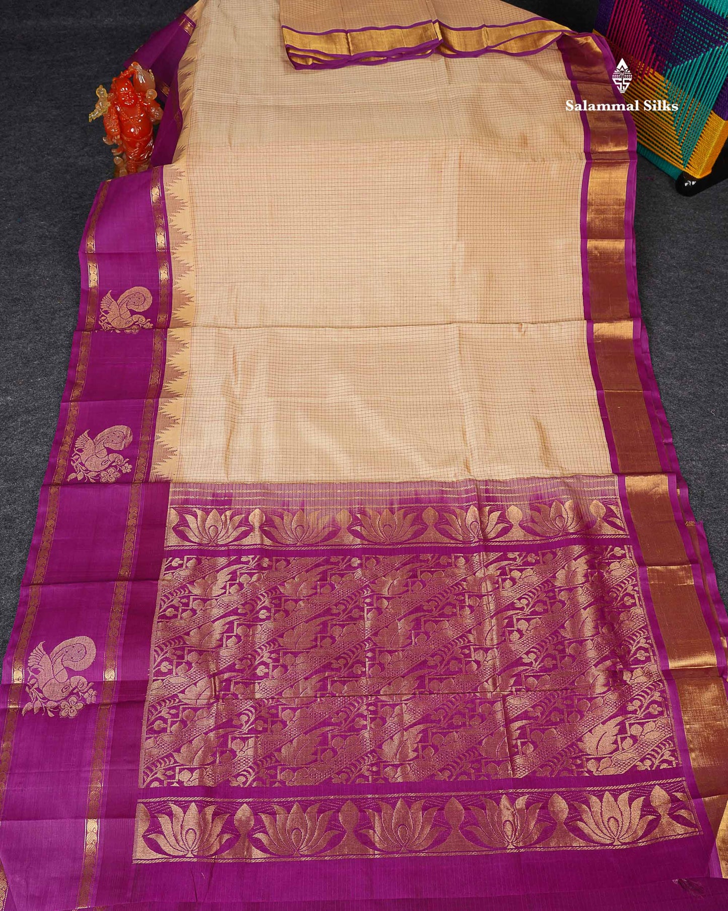 Pure Silk Cotton Saree -Sandal Colour Body Small Checks With Traditional Vadamalli Evening Morning Border