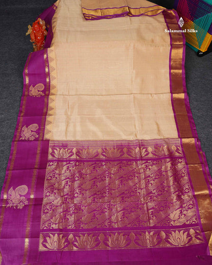 Pure Silk Cotton Saree -Sandal Colour Body Small Checks With Traditional Vadamalli Evening Morning Border