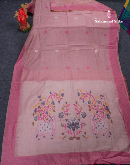 Beautiful Light Pink Thread Work Butta Muga Cotton Saree With Contrast Pink Blouse