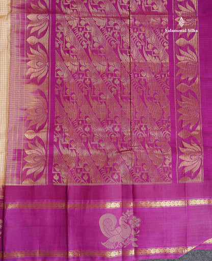 Pure Silk Cotton Saree -Sandal Colour Body Small Checks With Traditional Vadamalli Evening Morning Border