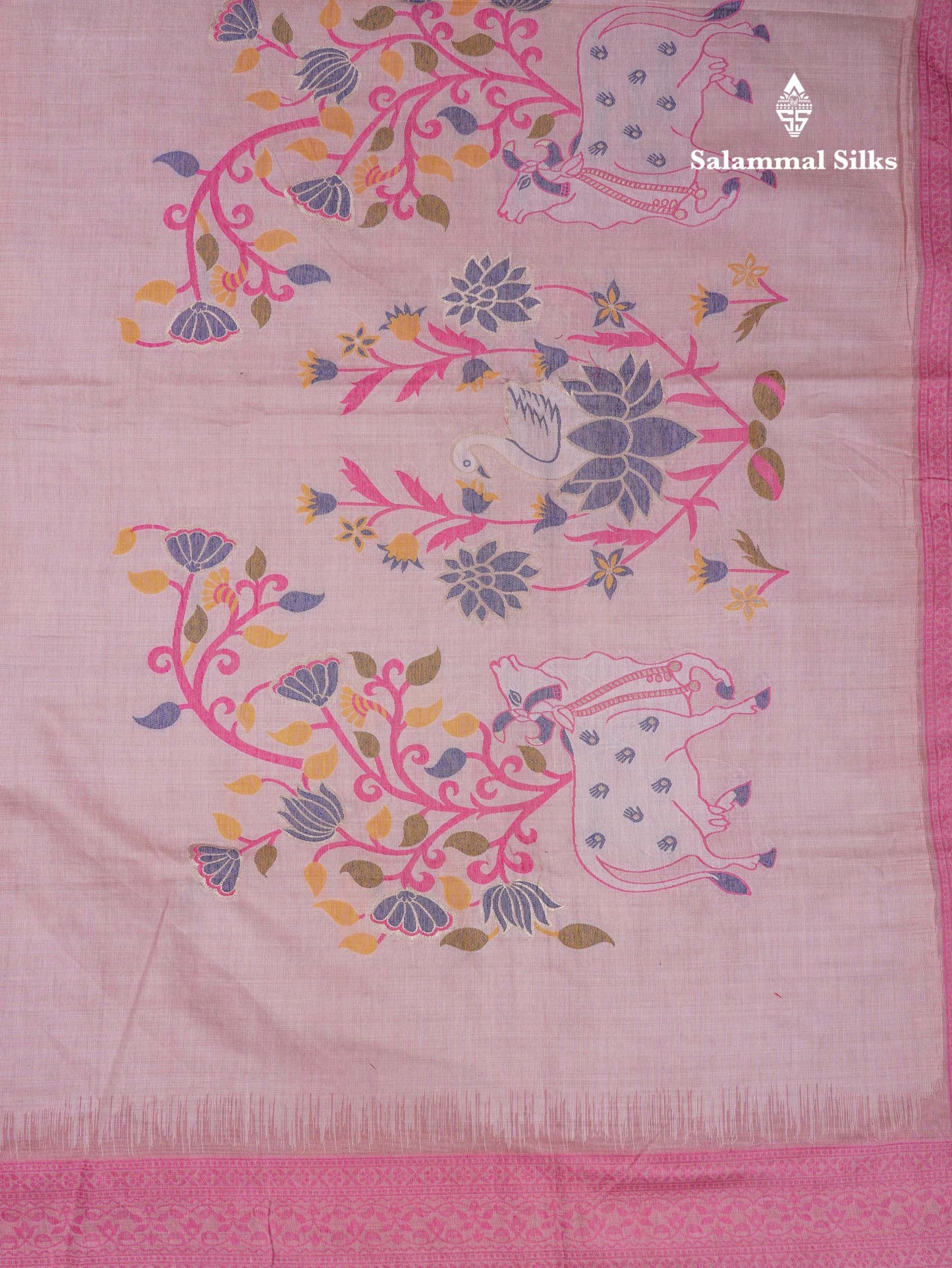 Beautiful Light Pink Thread Work Butta Muga Cotton Saree With Contrast Pink Blouse