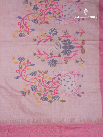 Beautiful Light Pink Thread Work Butta Muga Cotton Saree With Contrast Pink Blouse