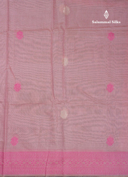 Beautiful Light Pink Thread Work Butta Muga Cotton Saree With Contrast Pink Blouse
