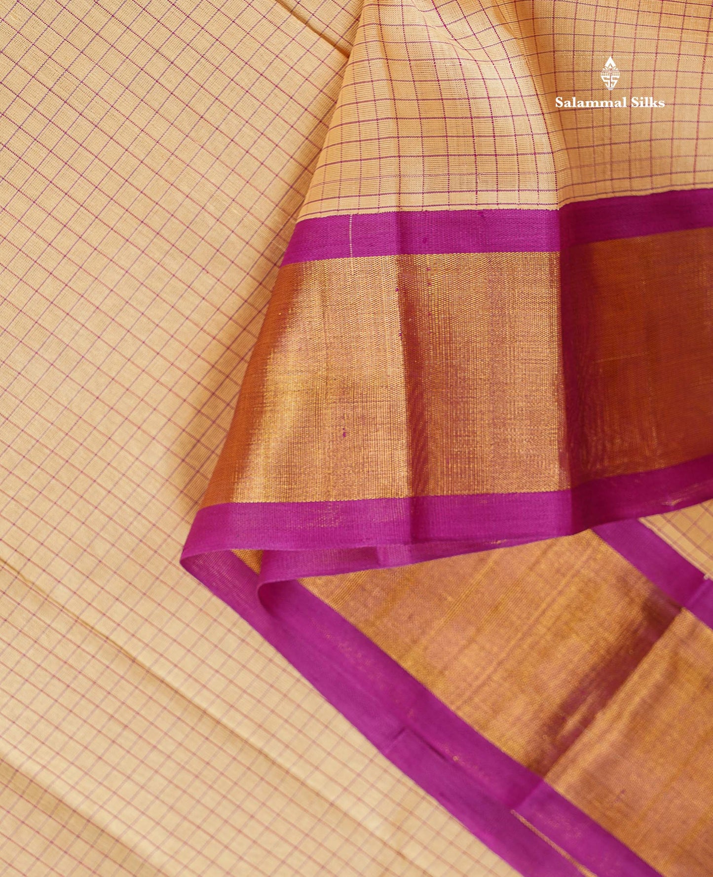Pure Silk Cotton Saree -Sandal Colour Body Small Checks With Traditional Vadamalli Evening Morning Border