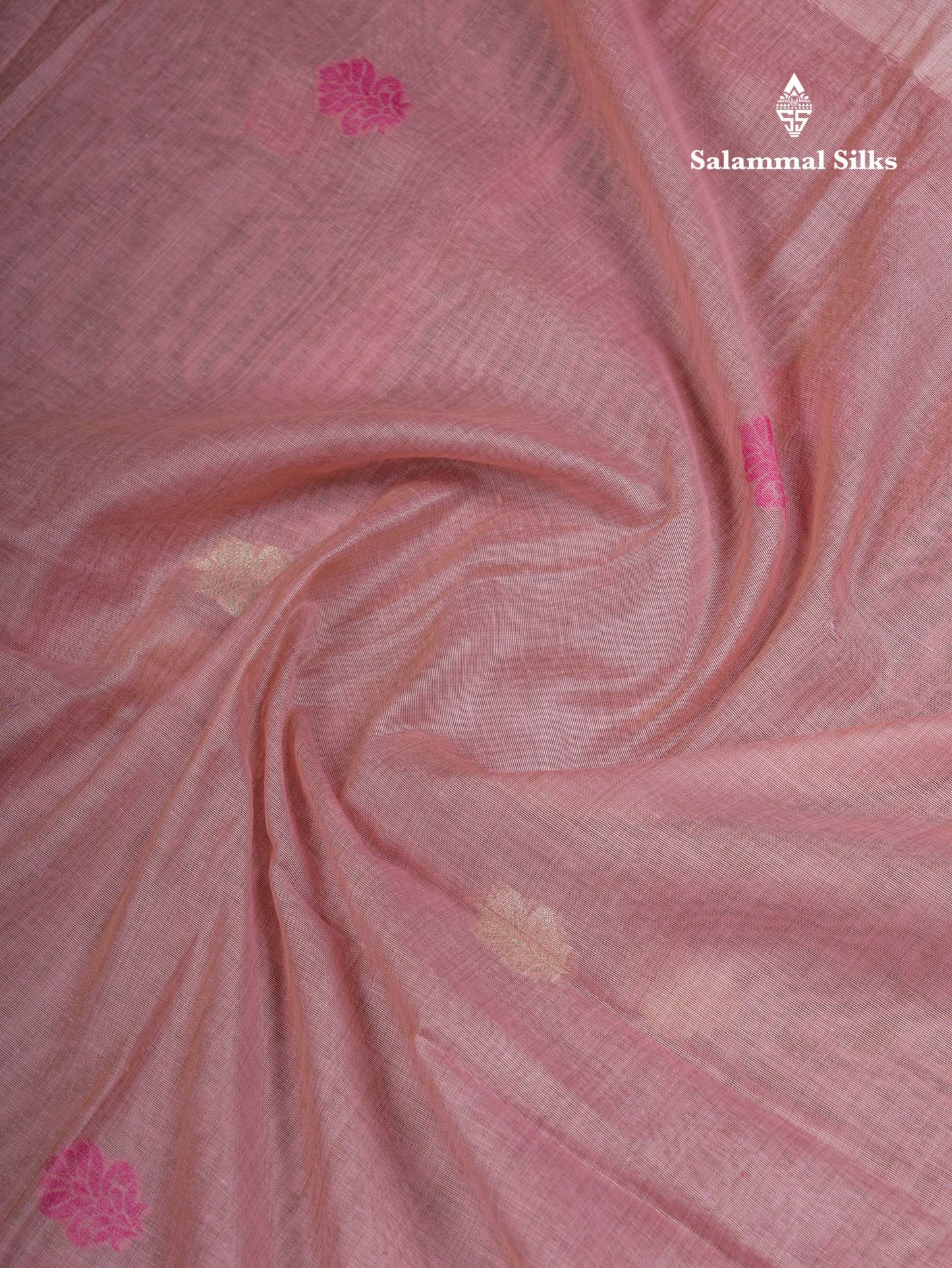 Beautiful Light Pink Thread Work Butta Muga Cotton Saree With Contrast Pink Blouse