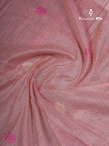 Beautiful Light Pink Thread Work Butta Muga Cotton Saree With Contrast Pink Blouse