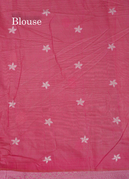 Beautiful Light Pink Thread Work Butta Muga Cotton Saree With Contrast Pink Blouse