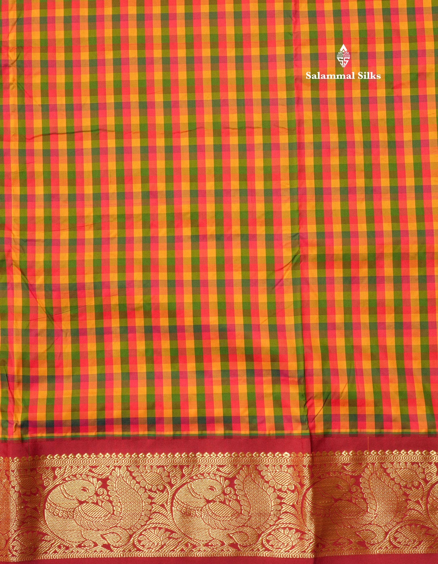 9.5 Yards Semi Silk Saree Multicolour Checks with Contrast Maroon Border