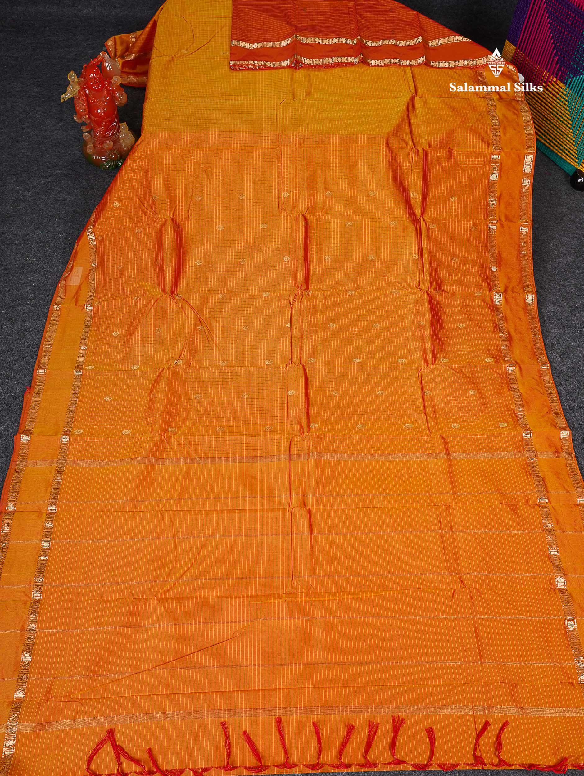 Semi Silk Saree - Orange Colour Body Zari Checks With Butta & Traditional Rettapet Border
