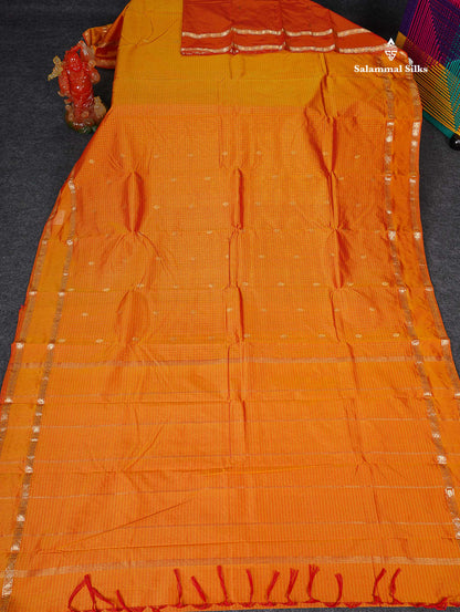 Semi Silk Saree - Orange Colour Body Zari Checks With Butta & Traditional Rettapet Border