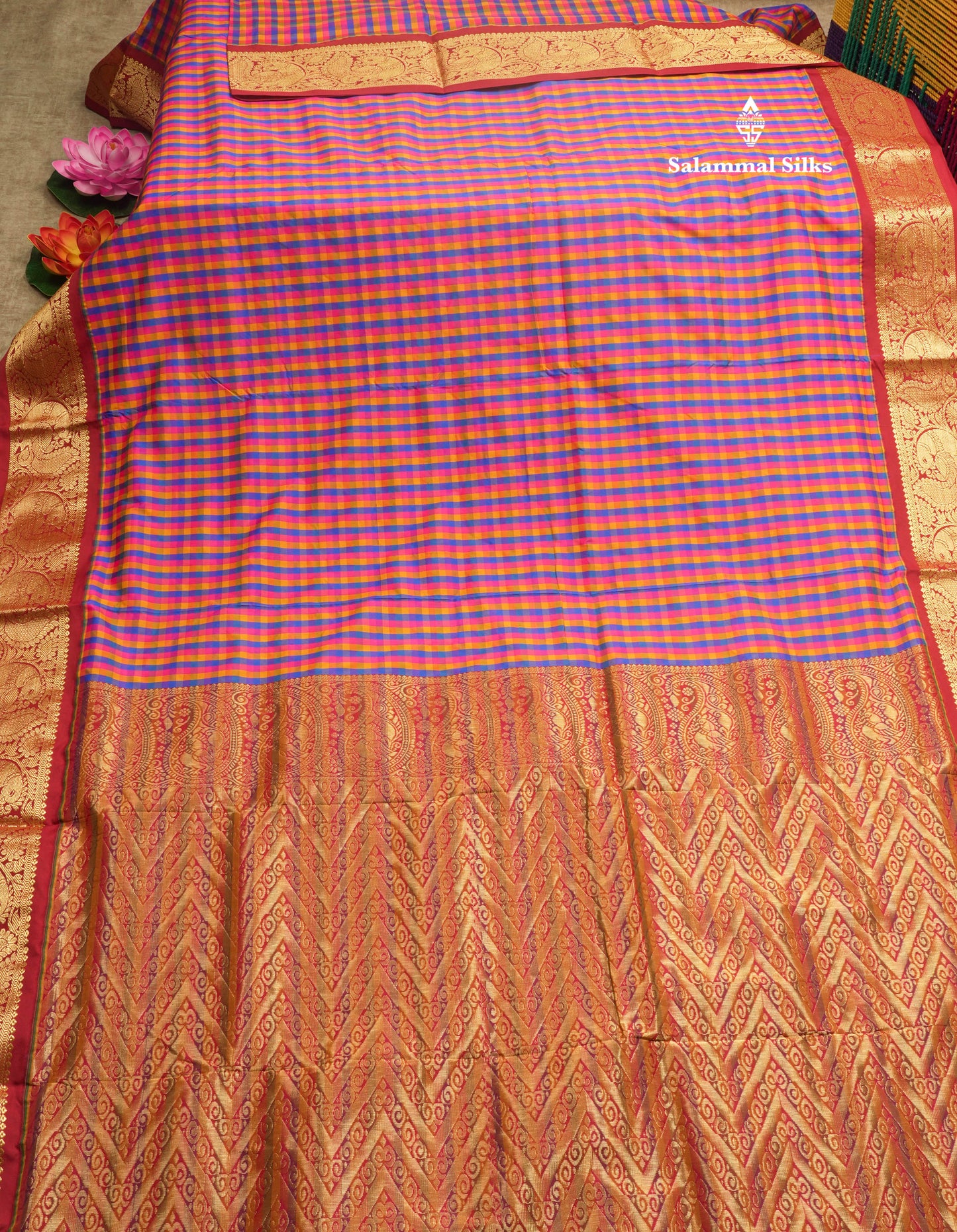 9.5 Yards Semi Silk Saree Multicolour Checks with Contrast Maroon Border