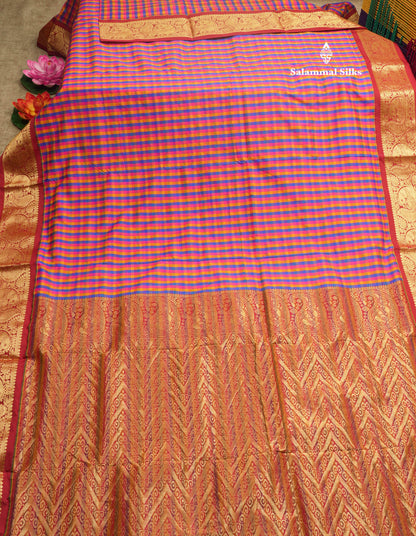 9.5 Yards Semi Silk Saree Multicolour Checks with Contrast Maroon Border