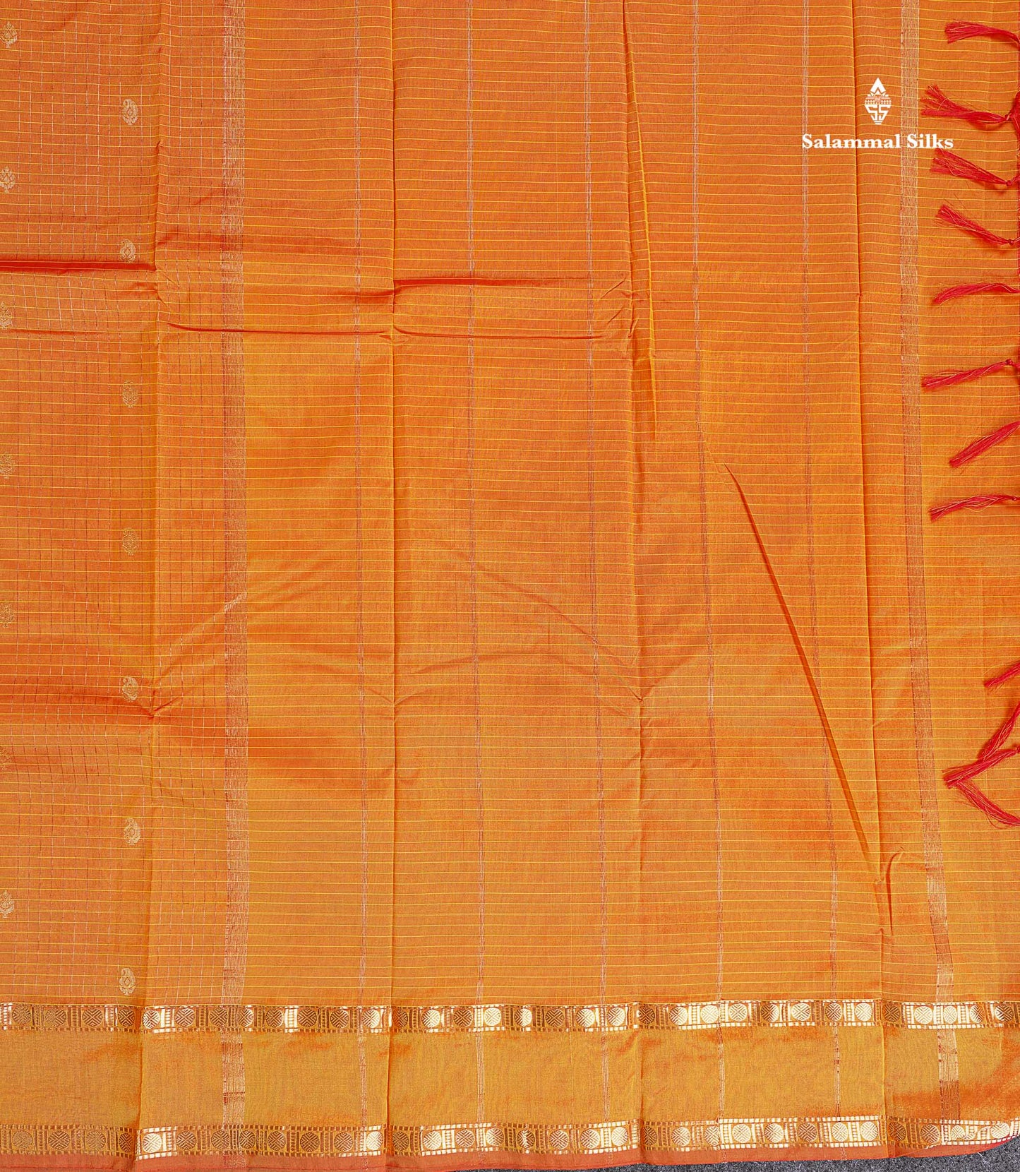 Semi Silk Saree - Orange Colour Body Zari Checks With Butta & Traditional Rettapet Border