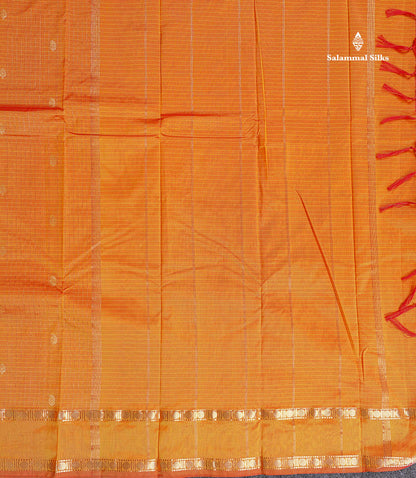 Semi Silk Saree - Orange Colour Body Zari Checks With Butta & Traditional Rettapet Border