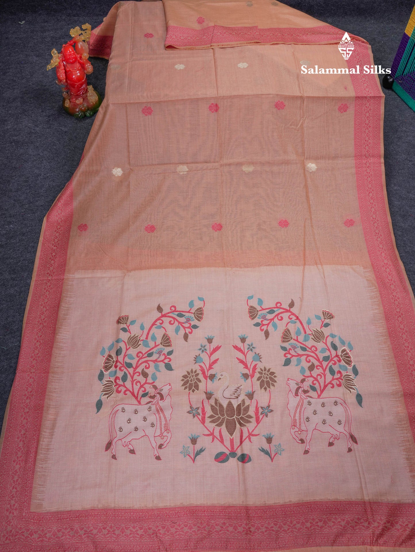 Beautiful Light Pink Thread Work Butta Muga Cotton Saree With Contrast Pink Blouse