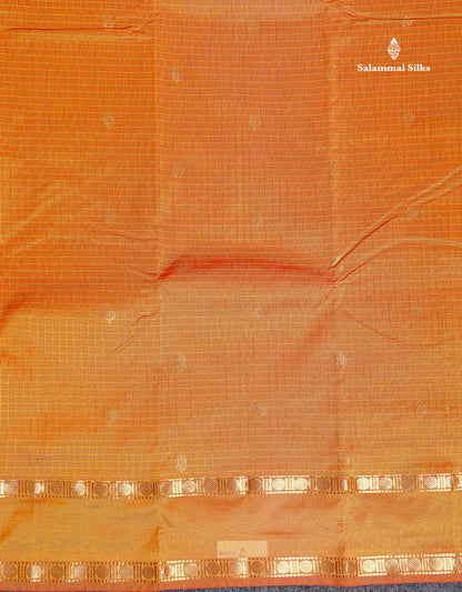 Semi Silk Saree - Orange Colour Body Zari Checks With Butta & Traditional Rettapet Border