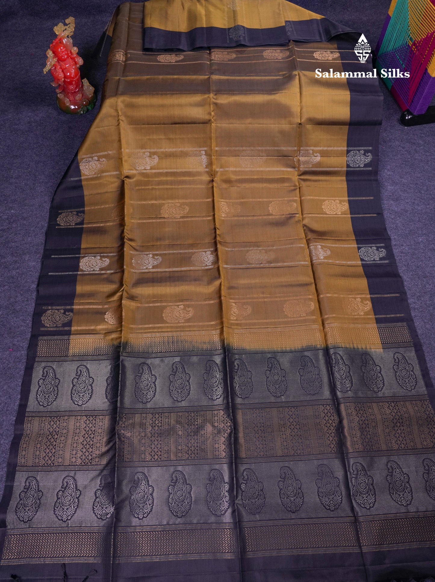 Beautiful Olive Mustard Yellow PureMix Kanjivaram Soft Silk Saree With Contrast Light Black Fancy Border