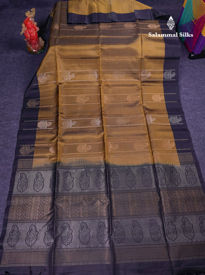 Beautiful Olive Mustard Yellow PureMix Kanjivaram Soft Silk Saree With Contrast Light Black Fancy Border