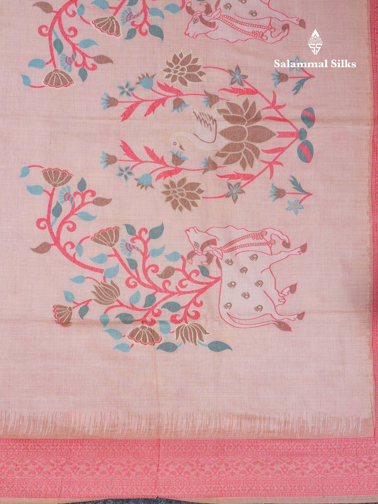 Beautiful Light Pink Thread Work Butta Muga Cotton Saree With Contrast Pink Blouse