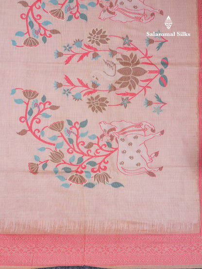 Beautiful Light Pink Thread Work Butta Muga Cotton Saree With Contrast Pink Blouse