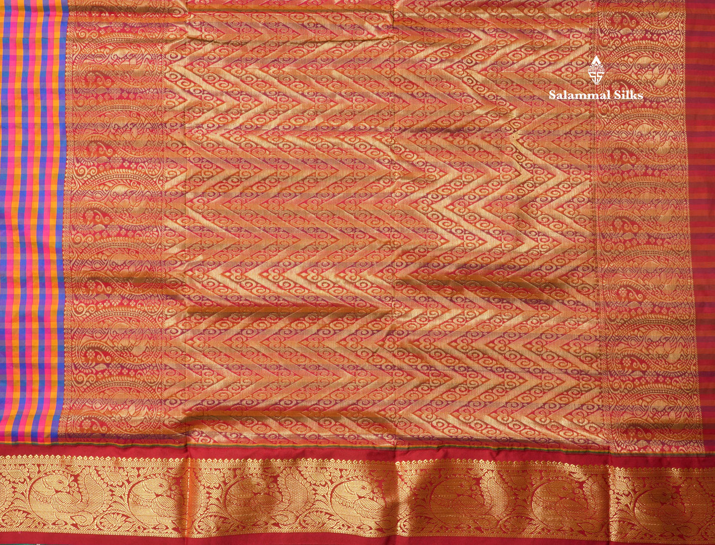 9.5 Yards Semi Silk Saree Multicolour Checks with Contrast Maroon Border