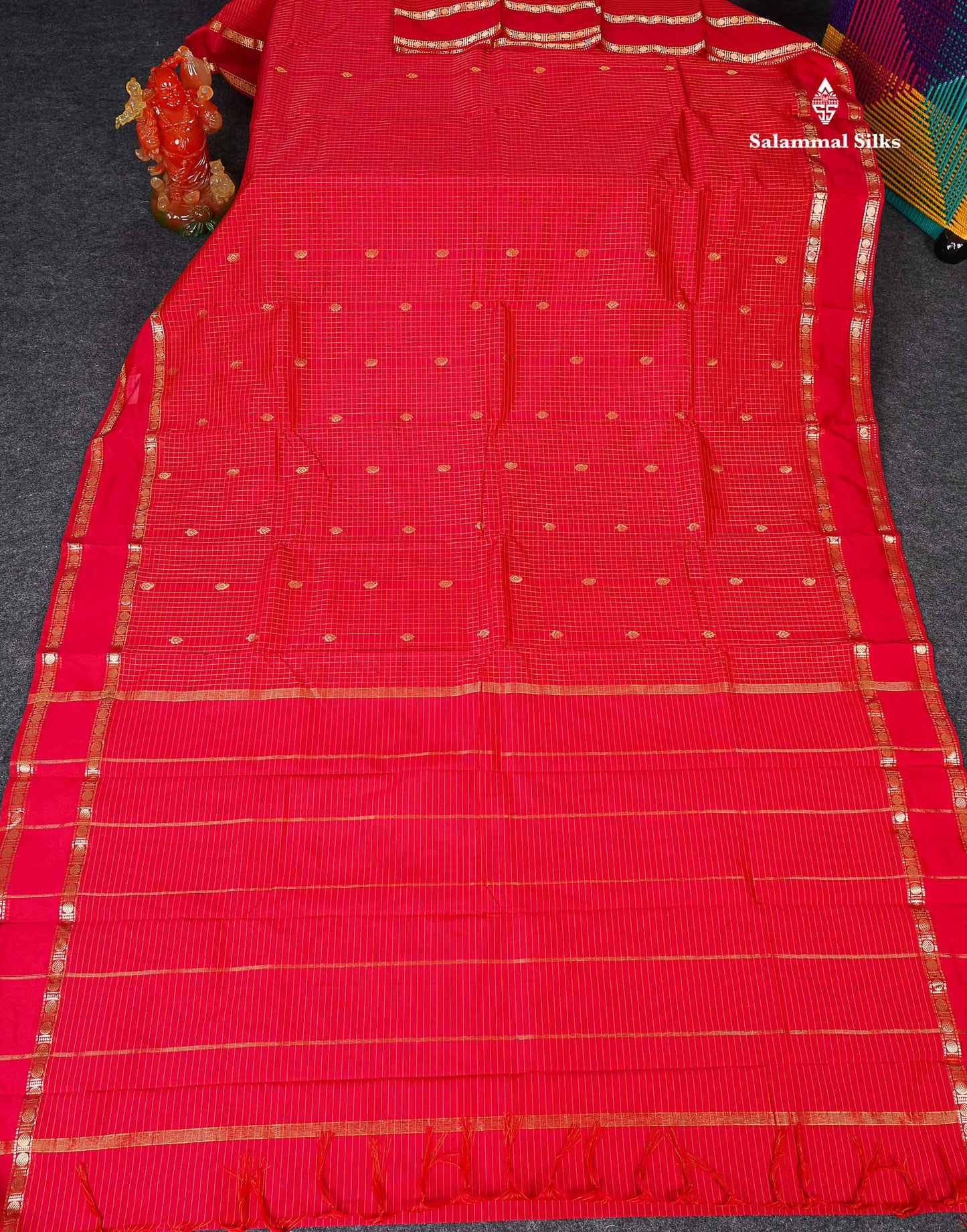 Semi Silk Saree - Red Colour Body Zari Checks With Butta & Traditional Rettapet Border