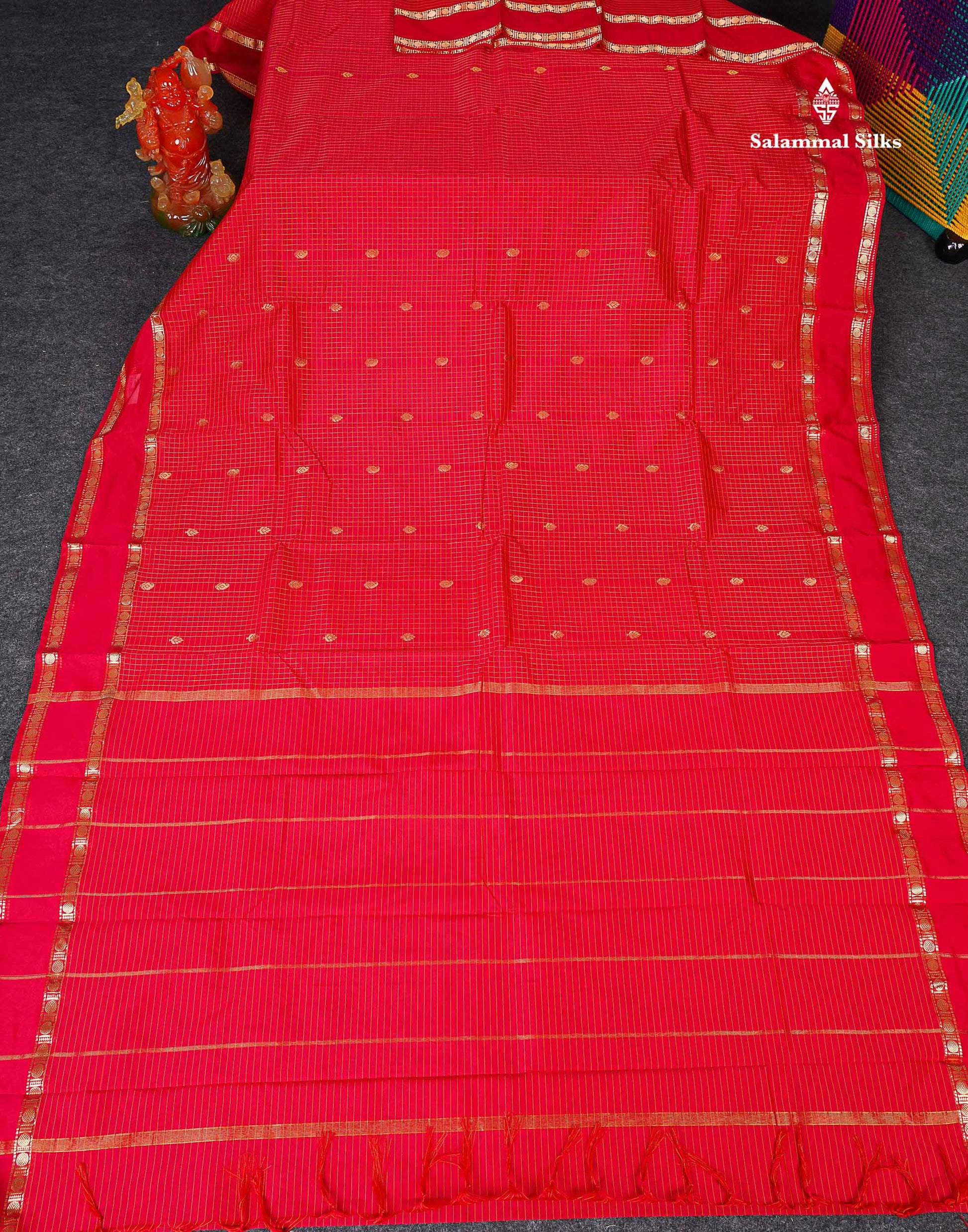 Semi Silk Saree - Red Colour Body Zari Checks With Butta & Traditional Rettapet Border