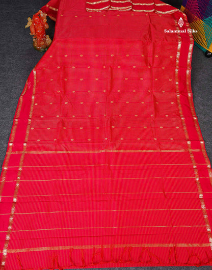 Semi Silk Saree - Red Colour Body Zari Checks With Butta & Traditional Rettapet Border
