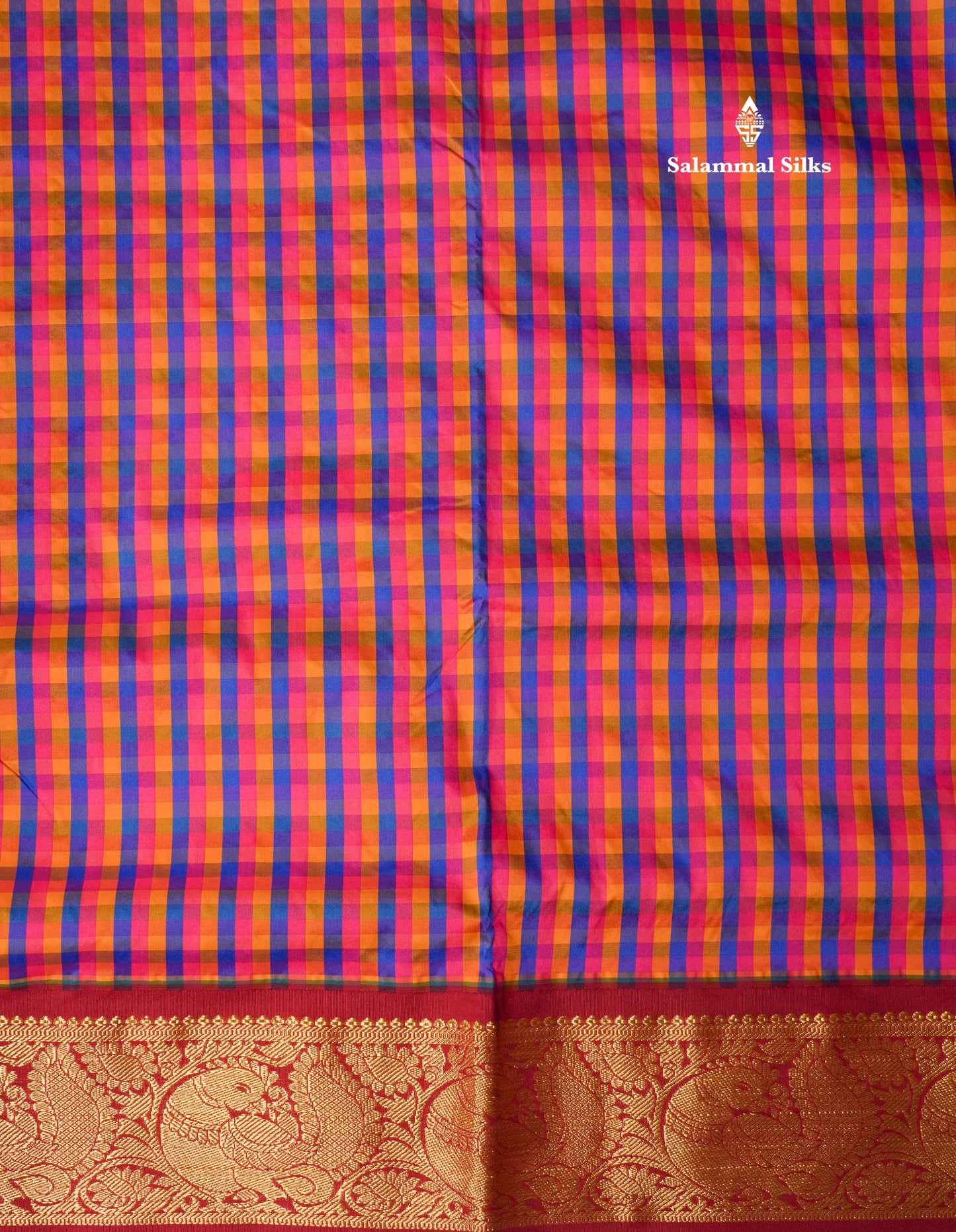 9.5 Yards Semi Silk Saree Multicolour Checks with Contrast Maroon Border