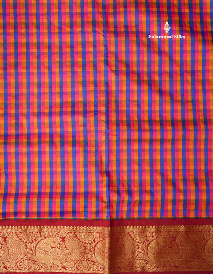 9.5 Yards Semi Silk Saree Multicolour Checks with Contrast Maroon Border