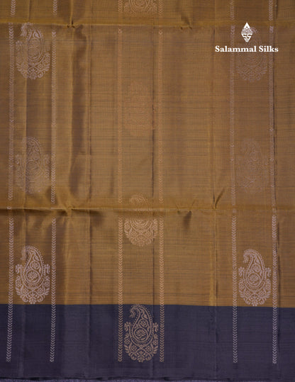 Beautiful Olive Mustard Yellow PureMix Kanjivaram Soft Silk Saree With Contrast Light Black Fancy Border