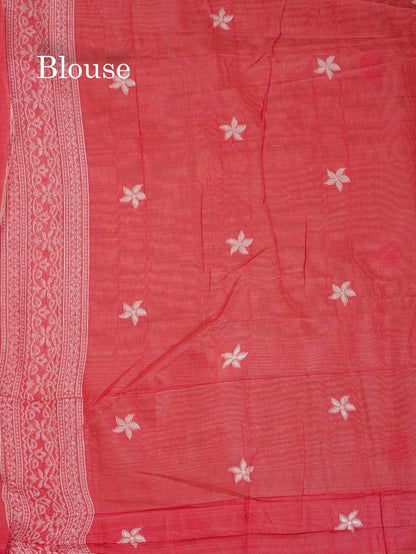 Beautiful Light Pink Thread Work Butta Muga Cotton Saree With Contrast Pink Blouse