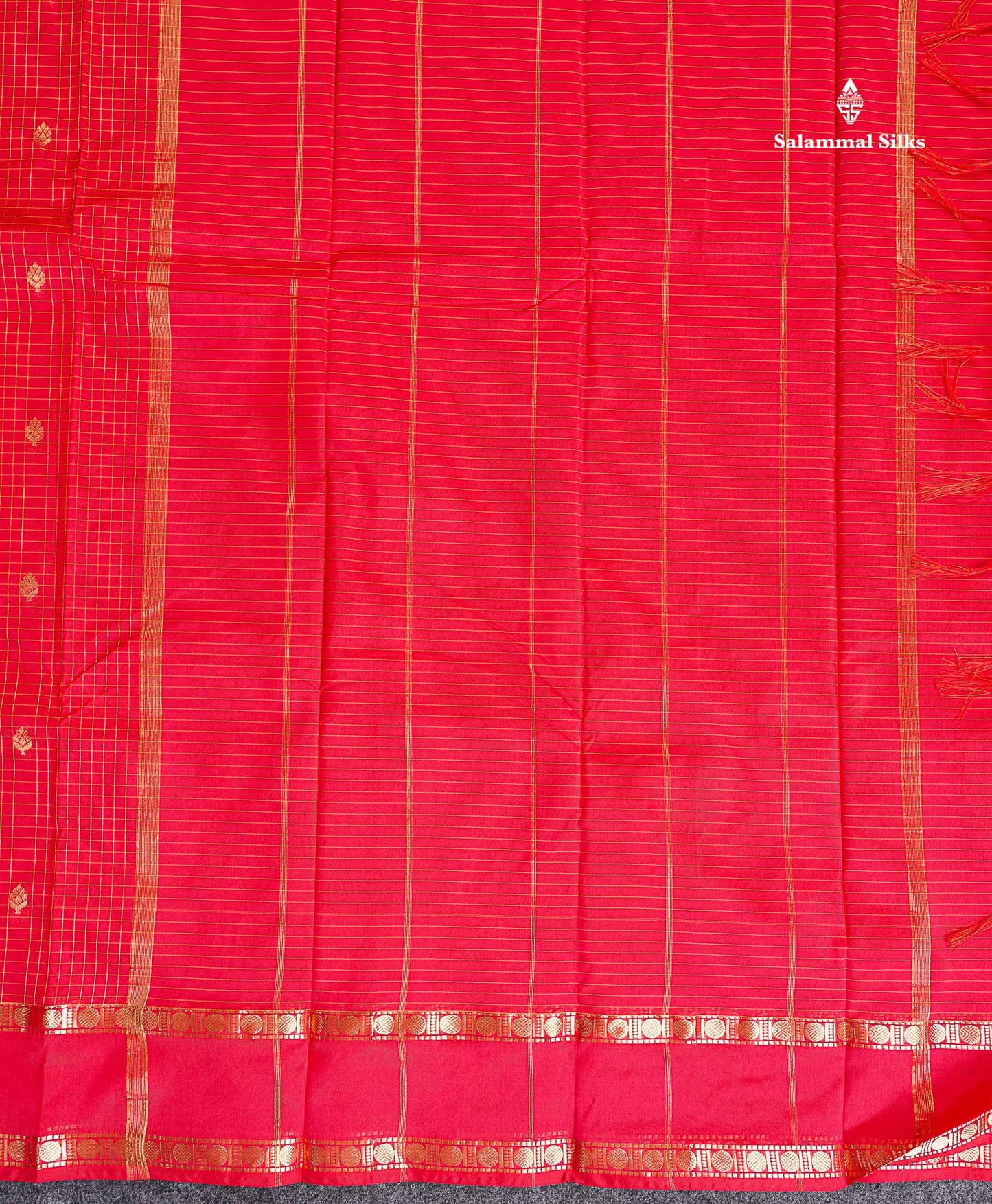 Semi Silk Saree - Orange Colour Body Zari Checks With Butta & Traditional Rettapet Border