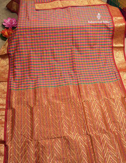 9.5 Yards Semi Silk Saree Multicolour Checks with Contrast Maroon Border