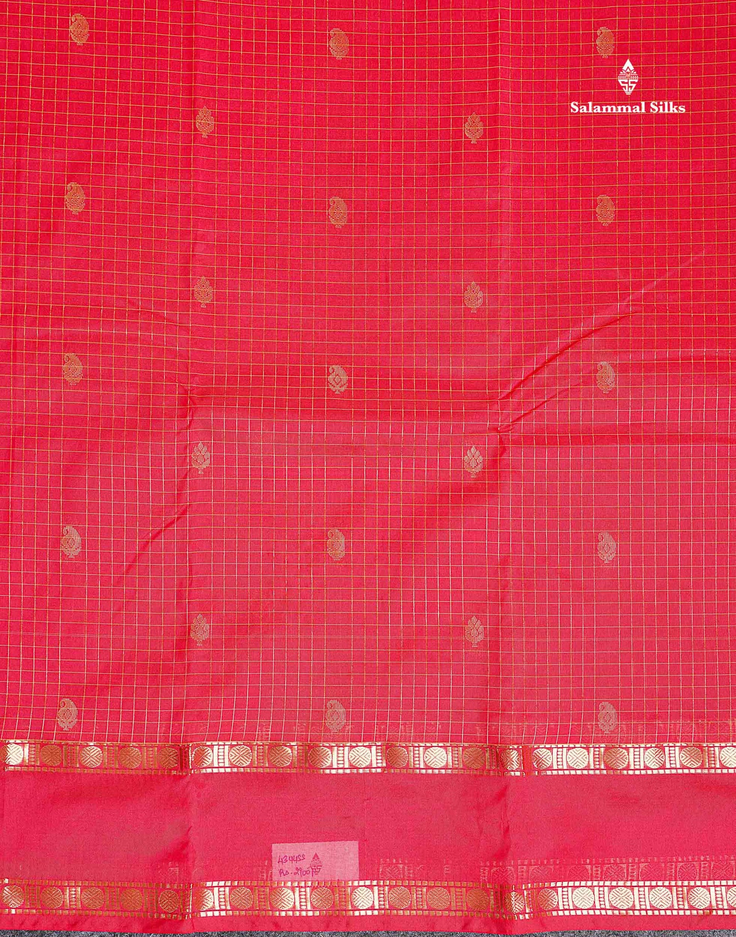 Semi Silk Saree - Orange Colour Body Zari Checks With Butta & Traditional Rettapet Border