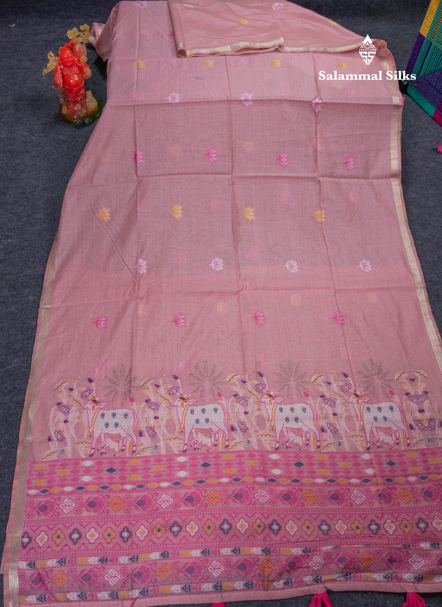 Beautiful Baby Pink Thread Work Buttas Muga Cotton Saree With Small Ribbon Border