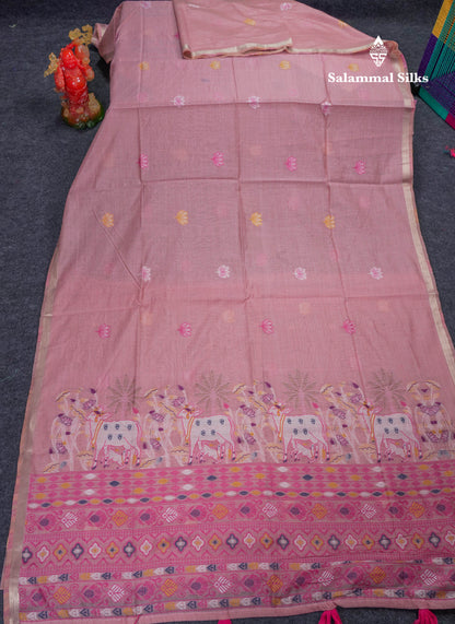 Beautiful Baby Pink Thread Work Buttas Muga Cotton Saree With Small Ribbon Border