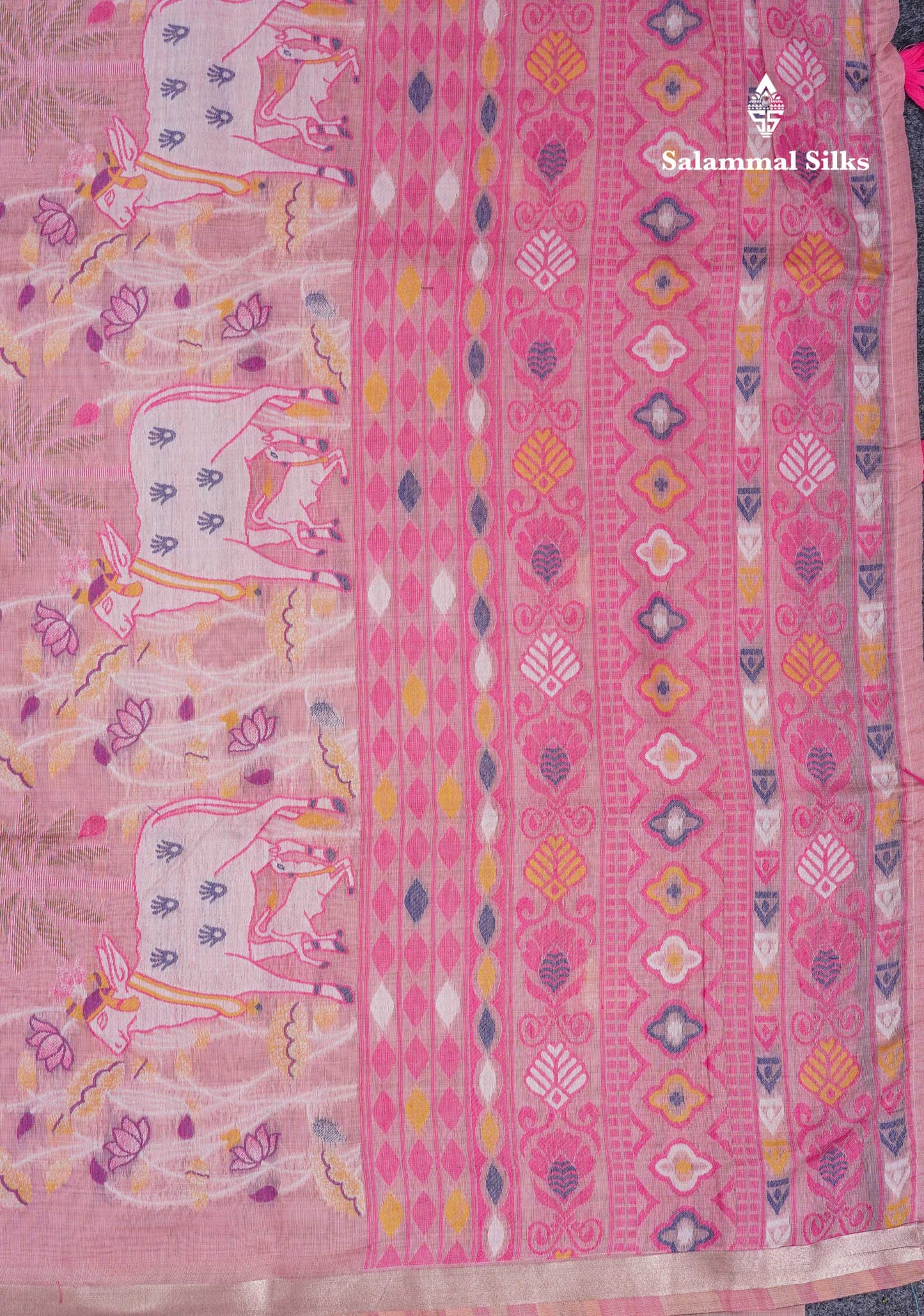 Beautiful Baby Pink Thread Work Buttas Muga Cotton Saree With Small Ribbon Border
