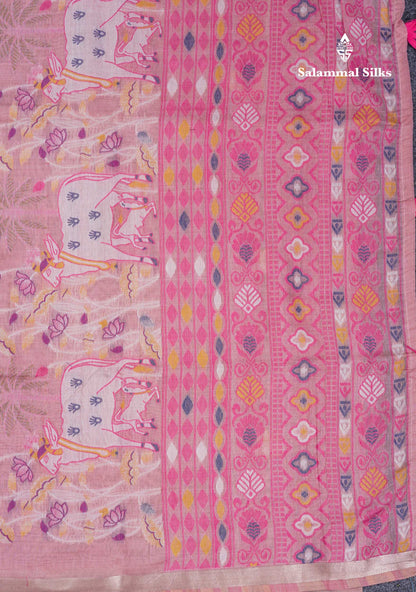 Beautiful Baby Pink Thread Work Buttas Muga Cotton Saree With Small Ribbon Border