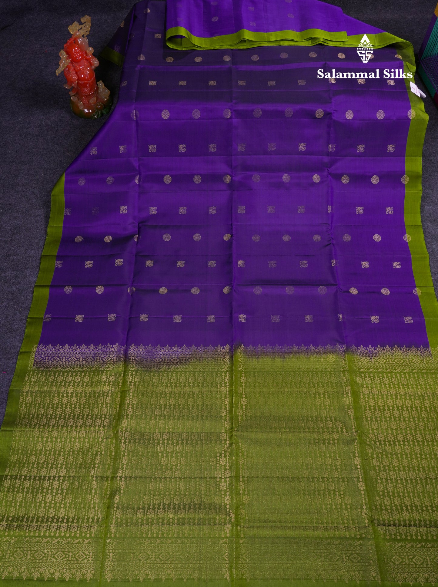 Beautiful Violet Pure Kanjivaram Soft Silk Saree With Contrast Army Green Blouse