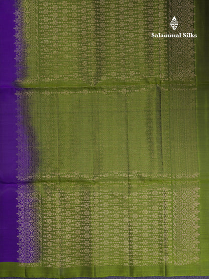 Beautiful Violet Pure Kanjivaram Soft Silk Saree With Contrast Army Green Blouse