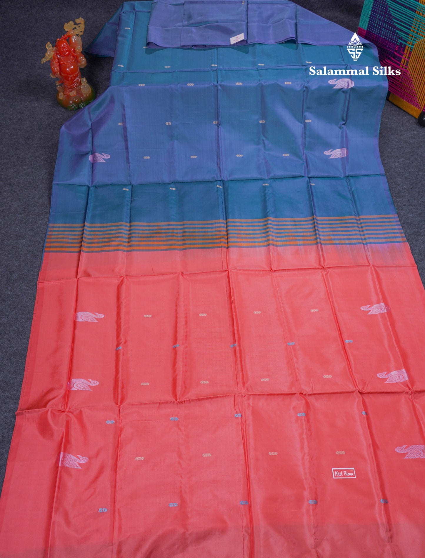 Dual Tone Peacock Blue Thread work Buttas Banana Pinth Saree (Vaazhainaar Pattu) With Contrast Orange Blouse