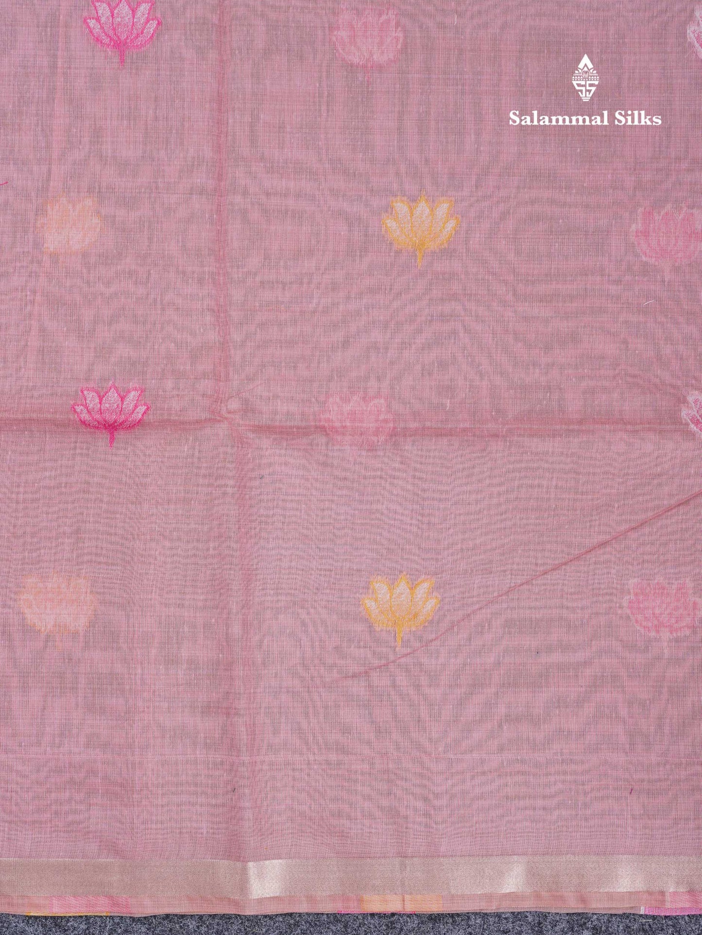 Beautiful Baby Pink Thread Work Buttas Muga Cotton Saree With Small Ribbon Border