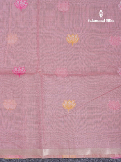 Beautiful Baby Pink Thread Work Buttas Muga Cotton Saree With Small Ribbon Border